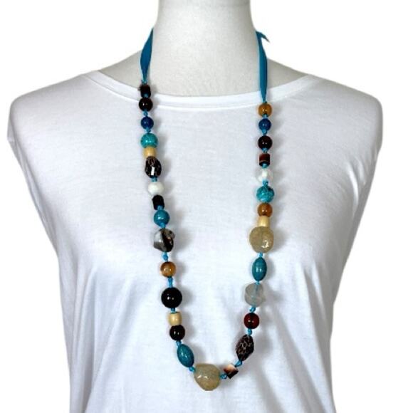 Cookie Lee Necklace Bracelet Set Beaded Faux Stone Teal Tan Multi 18” Length - Picture 13 of 14